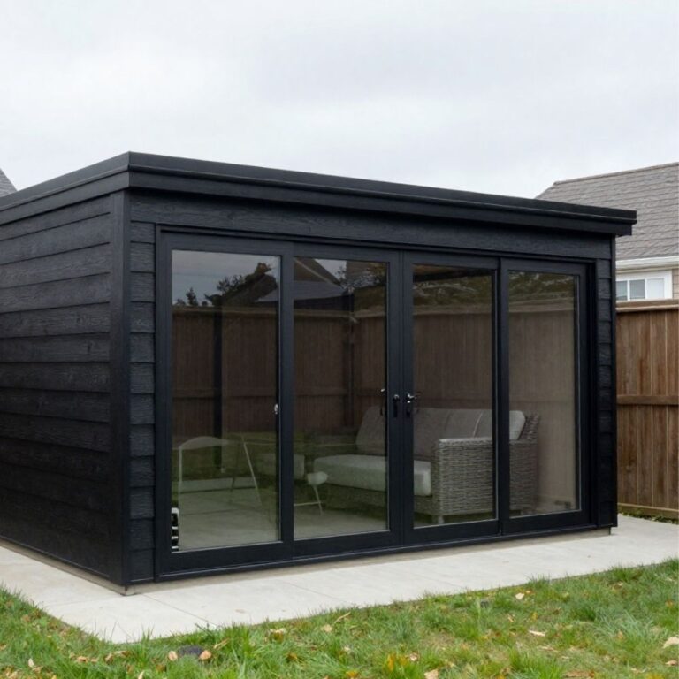 Modern black garden room in Canterbury home