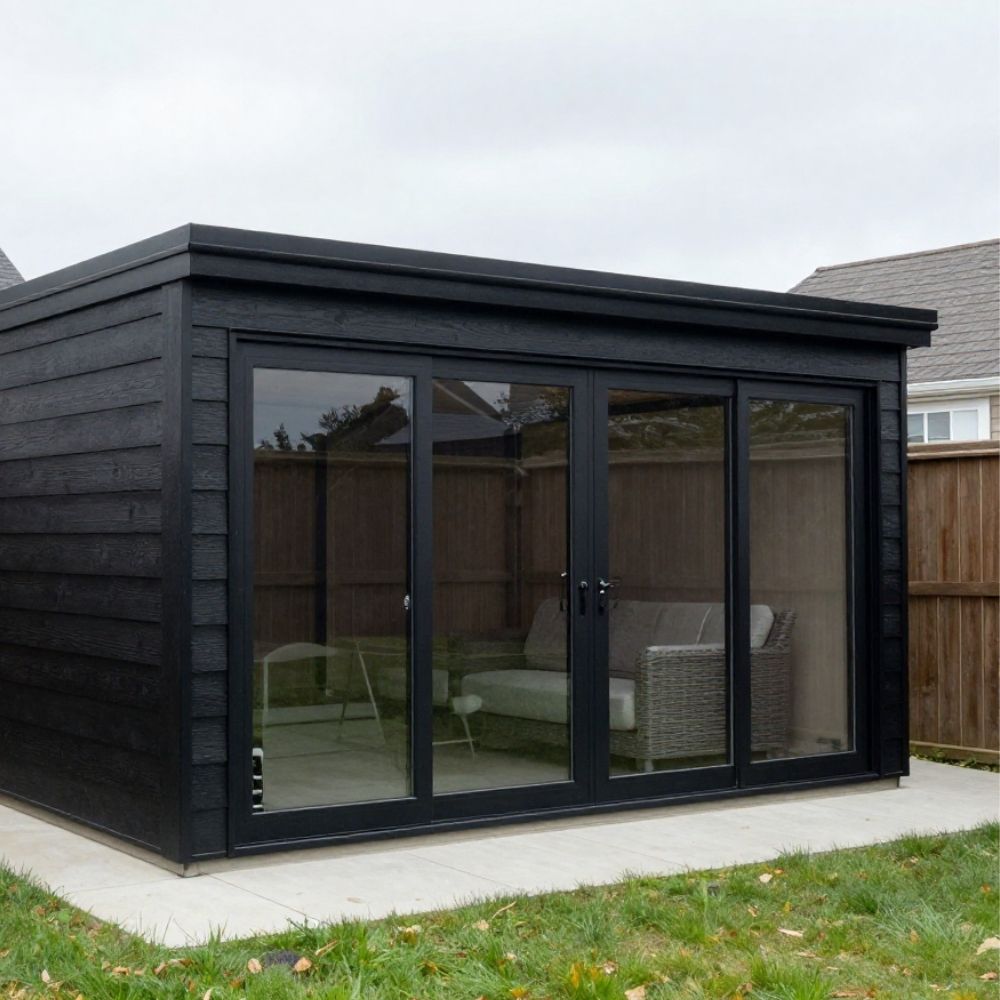 Modern black garden room in Canterbury home
